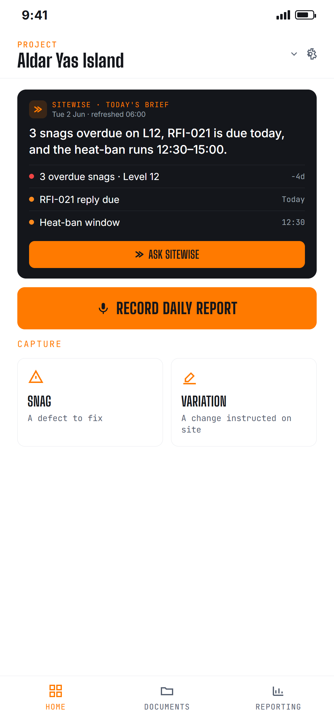 Construct Flow mobile home with a Sitewise Today&rsquo;s Brief card: overdue snags, an RFI due today and the heat-ban window ranked, with an Ask Sitewise button.