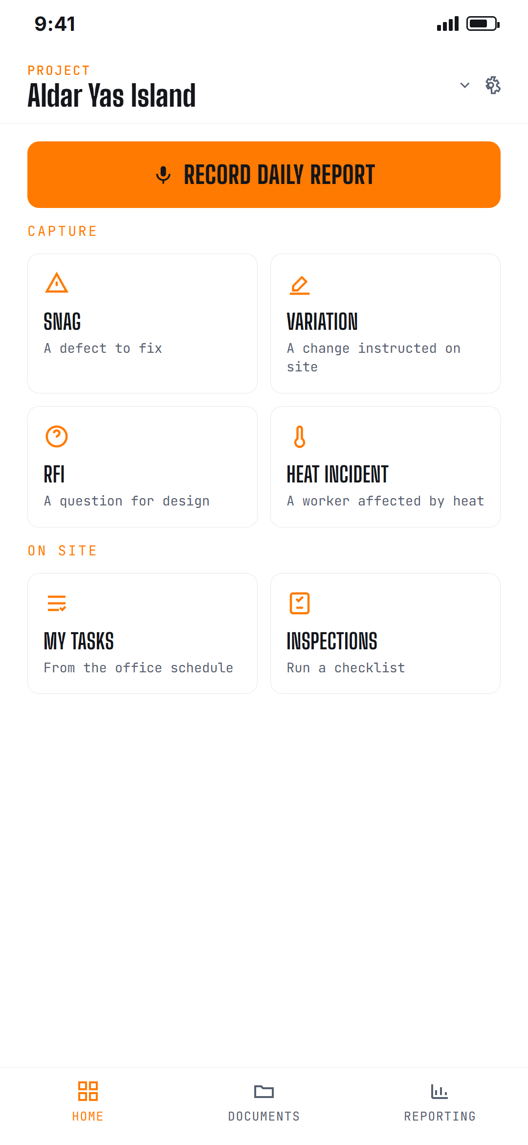 Construct Flow mobile home: a capture-first screen with a Record daily report button and a grid of Snag, Variation, RFI and Heat incident tiles, above a Home / Documents / Reporting tab bar.